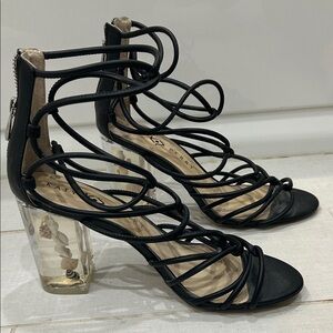 Katy Perry Black Strappy Heels with Clear Lucite Block Heel with shells Size 8.5